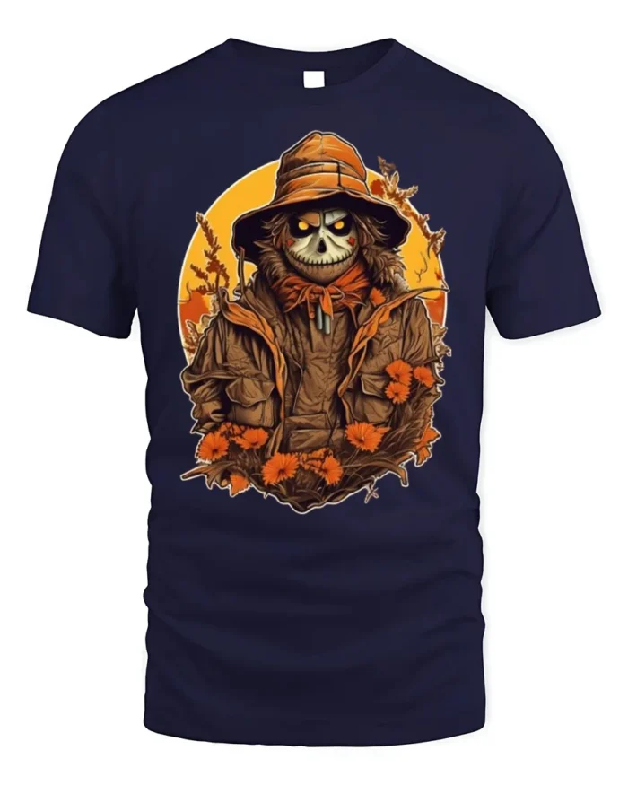 Creepy Scarecrow Skeleton Halloween Tshirt Style - navy t-shirt on white background