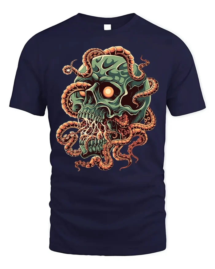 Creepy Skull Tentacles Horror Tshirt Graphic Style - navy t-shirt on white background