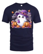 Cute Ghost Witch Hat Pumpkin Halloween Tshirt - navy t-shirt on white background