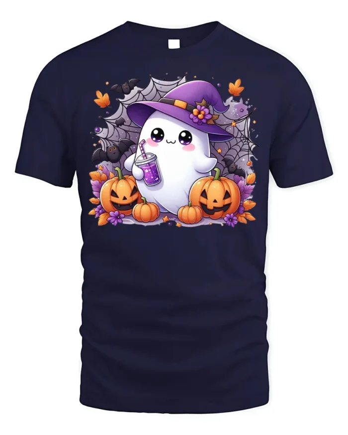 Cute Ghost Witch Hat Pumpkin Halloween Tshirt - navy t-shirt on white background