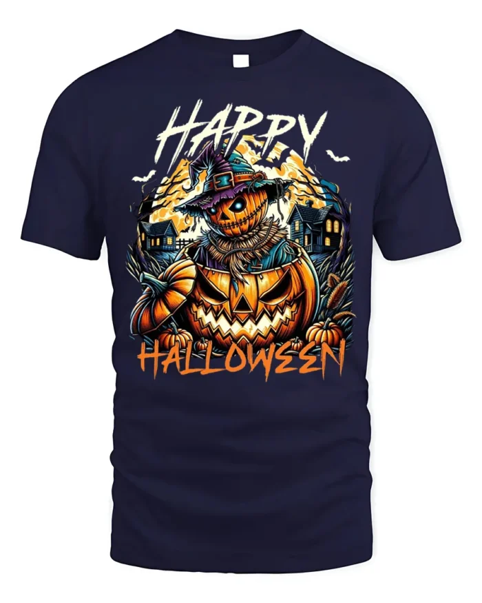 Scary Pumpkin Scarecrow Halloween Tshirt Style - navy t-shirt on white background