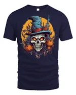 Halloween Skull Witch Hat Pumpkin Tshirt Style - navy t-shirt on white background