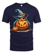 Halloween Owl Pumpkin Witch Hat Tshirt Style - navy t-shirt on white background