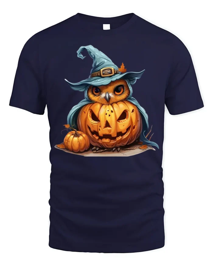 Halloween Owl Pumpkin Witch Hat Tshirt Style - navy t-shirt on white background