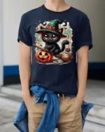 Halloween Black Cat Witch Hat Pumpkin Tshirt - model wearing navy shirt, hands in pockets