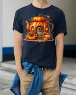 Pumpkin House Autumn Halloween Tshirt Style - model wearing navy shirt, hands in pockets