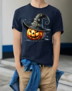Pumpkin Witch Hat Halloween Jack O Lantern Tshirt - model wearing navy shirt, hands in pockets