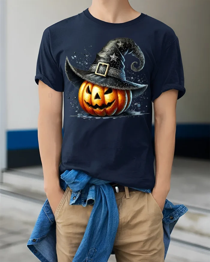 Pumpkin Witch Hat Halloween Jack O Lantern Tshirt - model wearing navy shirt, hands in pockets