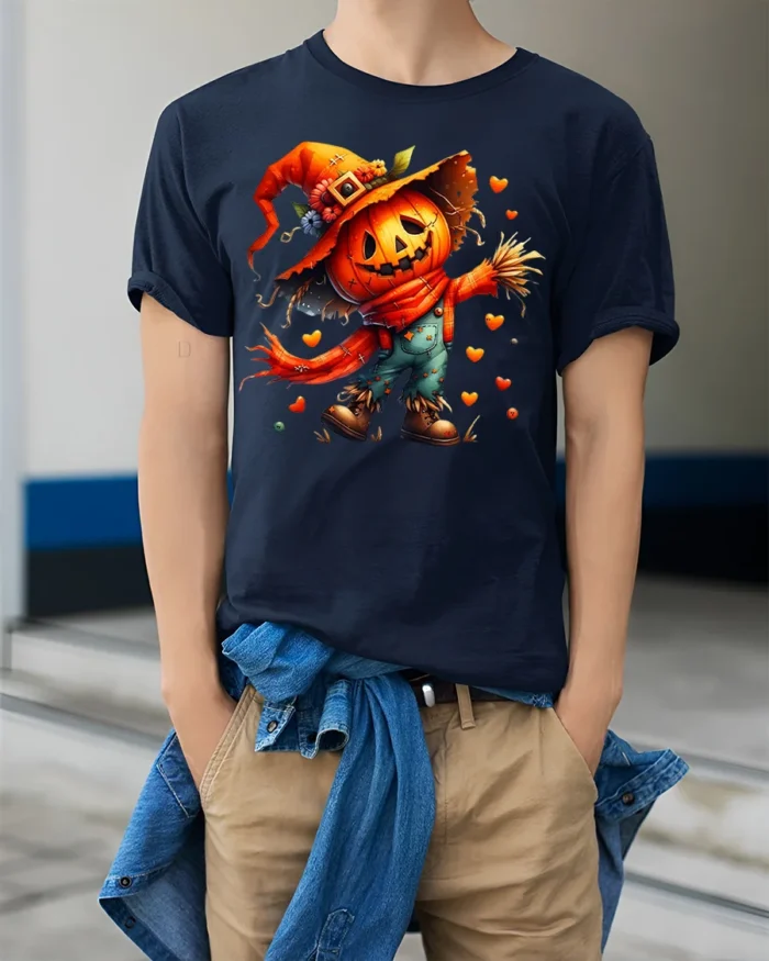 Pumpkin Scarecrow Halloween Tshirt Cute Spooky Style - model wearing navy shirt, hands in pockets
