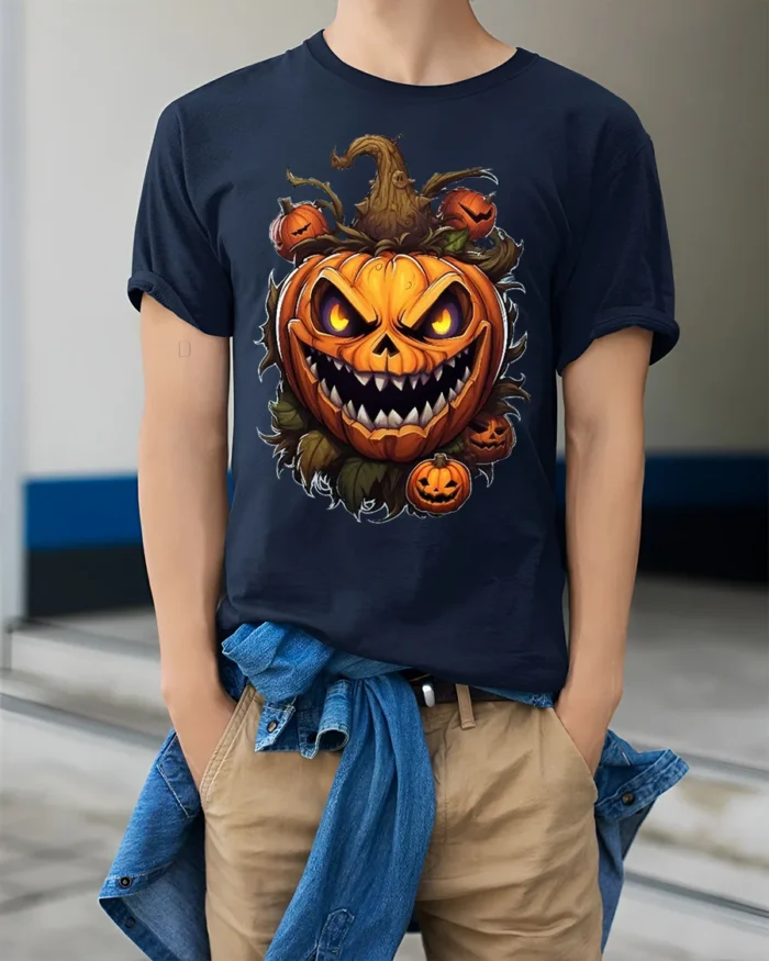 Scary Evil Pumpkin Face Halloween Horror Tshirt - model wearing navy shirt, hands in pockets