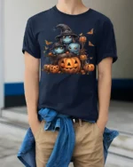Cute Spooky Creatures Pumpkin Halloween Tshirt - model wearing navy shirt, hands in pockets