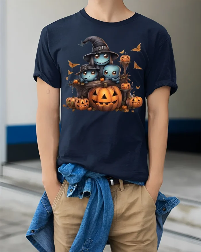 Cute Spooky Creatures Pumpkin Halloween Tshirt - model wearing navy shirt, hands in pockets
