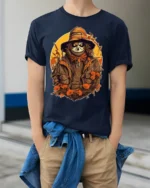 Creepy Scarecrow Skeleton Halloween Tshirt Style - model wearing navy shirt, hands in pockets