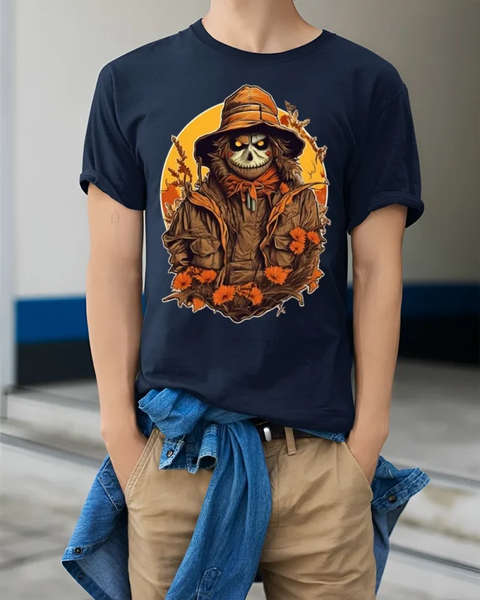 Creepy Scarecrow Skeleton Halloween Tshirt Style - model wearing navy shirt, hands in pockets