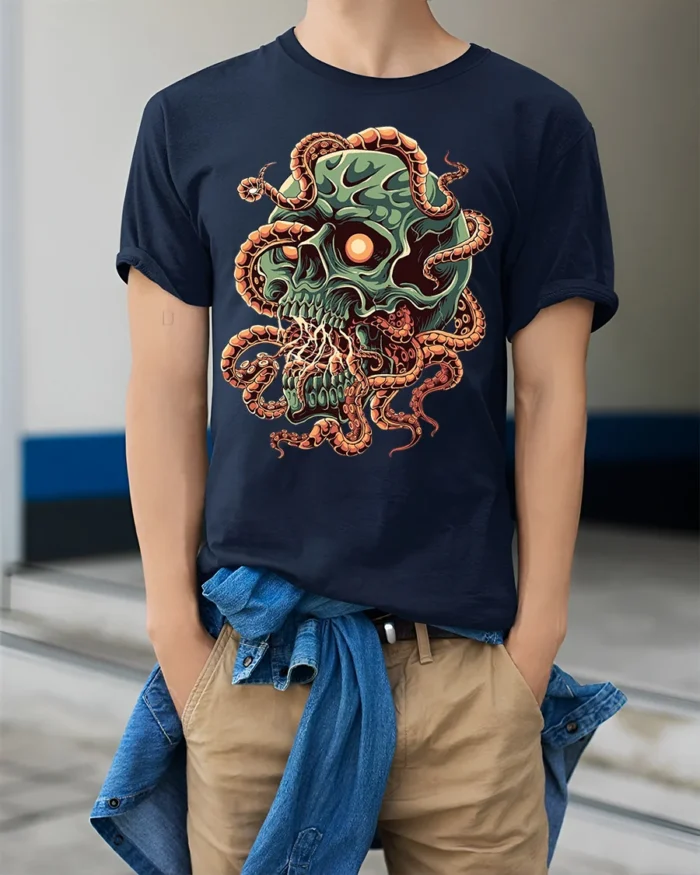 Creepy Skull Tentacles Horror Tshirt Graphic Style - model wearing navy shirt, hands in pockets