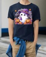 Cute Ghost Witch Hat Pumpkin Halloween Tshirt - model wearing navy shirt, hands in pockets