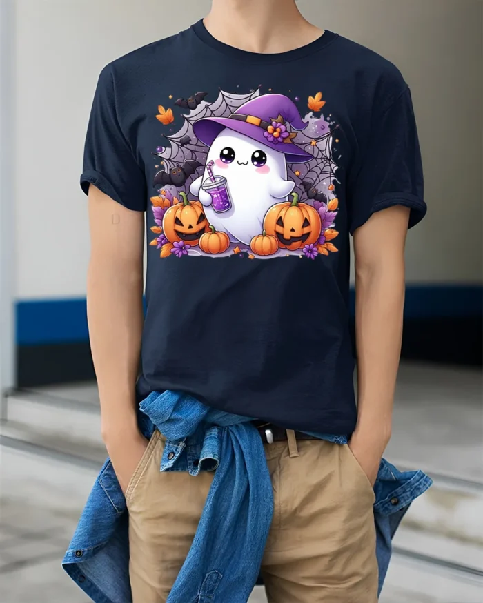 Cute Ghost Witch Hat Pumpkin Halloween Tshirt - model wearing navy shirt, hands in pockets