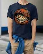 Evil Pumpkin Skull Halloween Horror Tshirt Style - model wearing navy shirt, hands in pockets