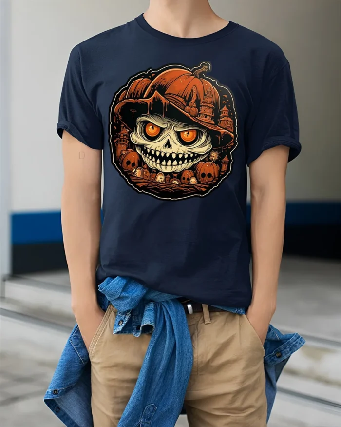 Evil Pumpkin Skull Halloween Horror Tshirt Style - model wearing navy shirt, hands in pockets