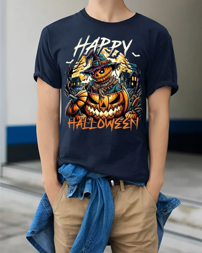 Scary Pumpkin Scarecrow Halloween Tshirt Style - model wearing navy shirt, hands in pockets