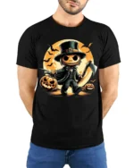 Spooky Pumpkin Axe Halloween Tshirt Costume Style - model wearing black shirt, hands behind back