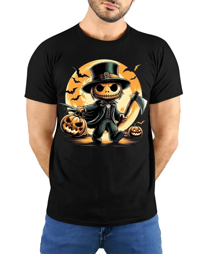 Spooky Pumpkin Axe Halloween Tshirt Costume Style - model wearing black shirt, hands behind back