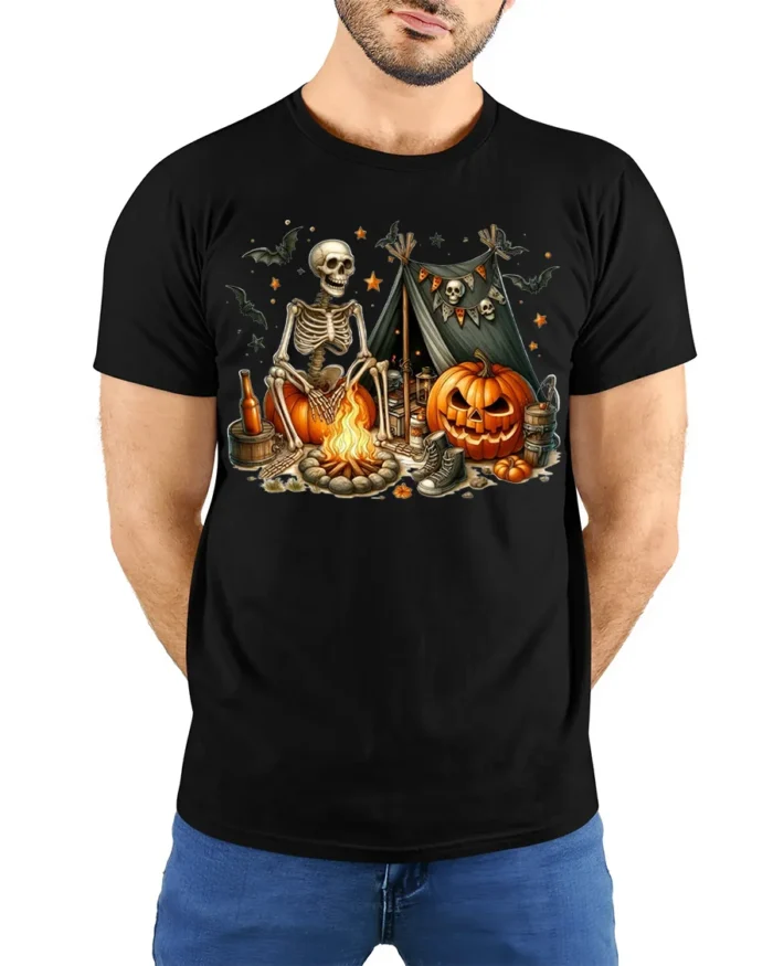 Skeleton Campfire Pumpkin Halloween Tshirt Style - model wearing black shirt, hands behind back
