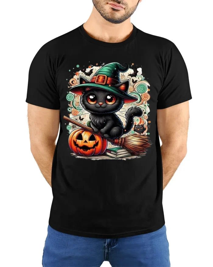 Halloween Black Cat Witch Hat Pumpkin Tshirt - model wearing black shirt, hands behind back