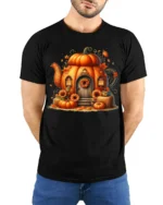 Pumpkin House Autumn Halloween Tshirt Style - model wearing black shirt, hands behind back