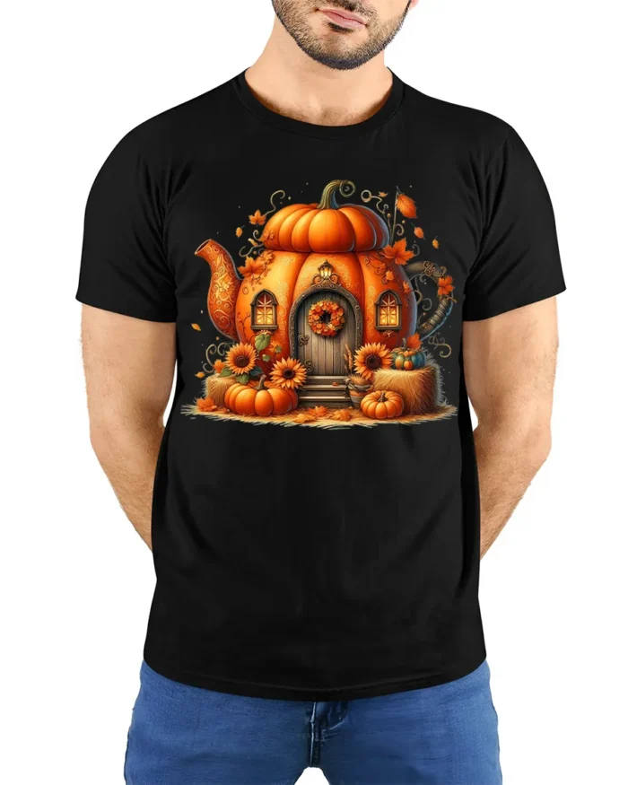 Pumpkin House Autumn Halloween Tshirt Style - model wearing black shirt, hands behind back