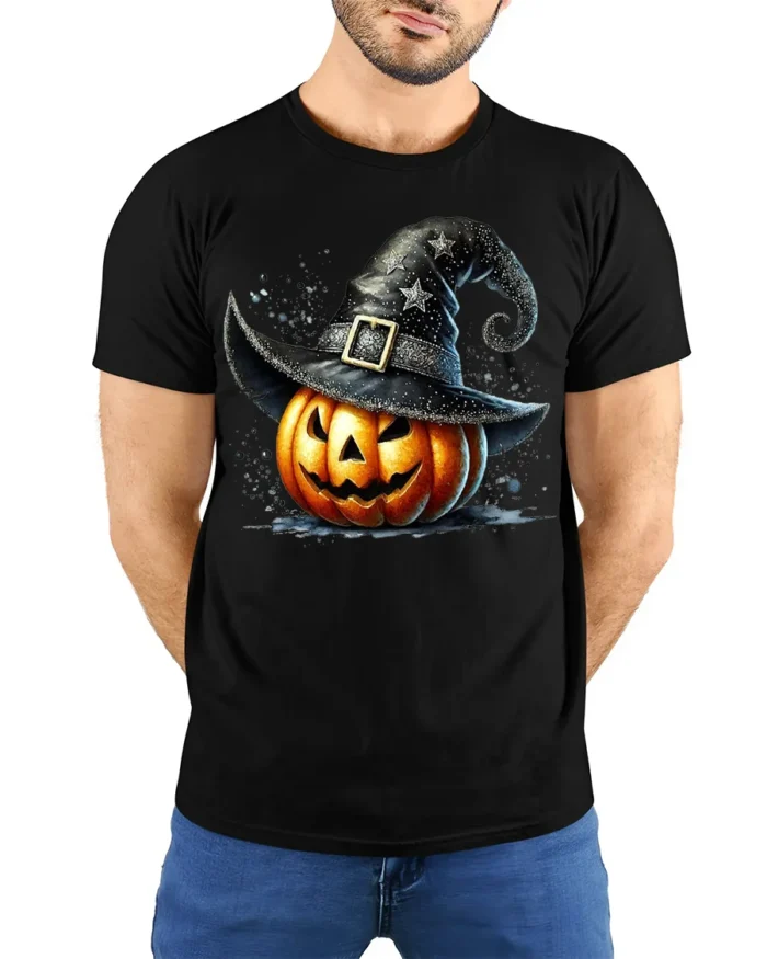 Pumpkin Witch Hat Halloween Jack O Lantern Tshirt - model wearing black shirt, hands behind back