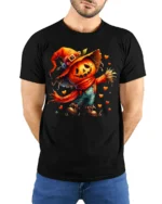 Pumpkin Scarecrow Halloween Tshirt Cute Spooky Style - model wearing black shirt, hands behind back