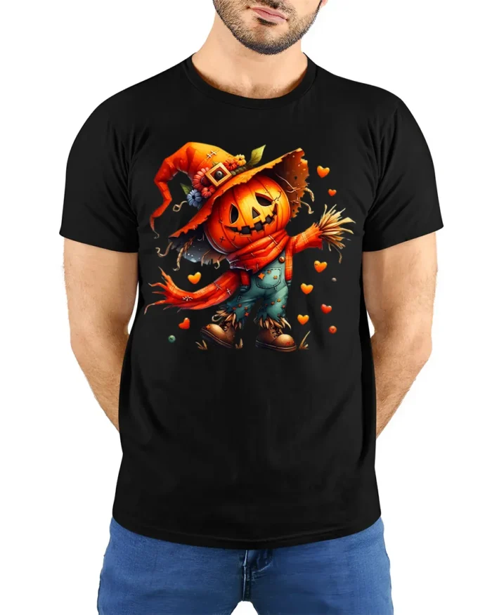 Pumpkin Scarecrow Halloween Tshirt Cute Spooky Style - model wearing black shirt, hands behind back