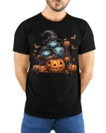 Cute Spooky Creatures Pumpkin Halloween Tshirt - model wearing black shirt, hands behind back