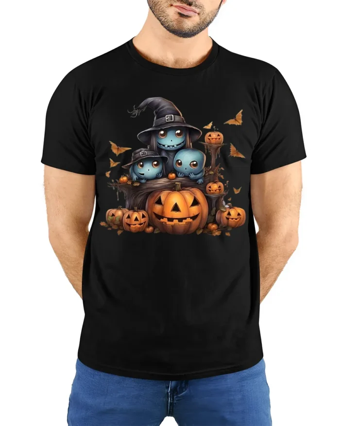 Cute Spooky Creatures Pumpkin Halloween Tshirt - model wearing black shirt, hands behind back