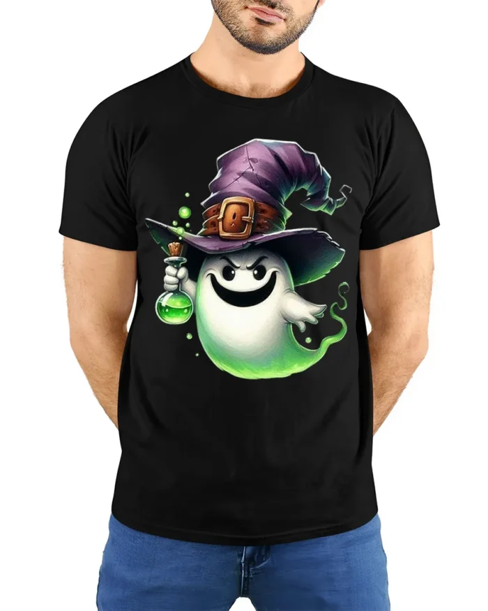 Ghost Witch Potion Halloween Spooky Tshirt Style - model wearing black shirt, hands behind back