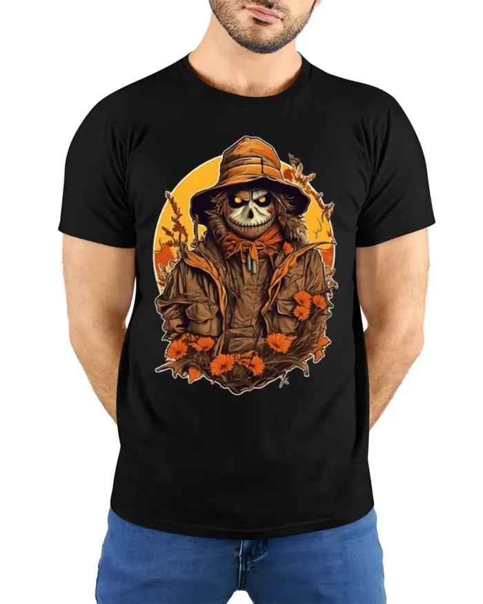 Creepy Scarecrow Skeleton Halloween Tshirt Style - model wearing black shirt, hands behind back