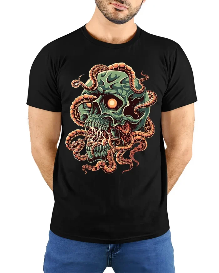 Creepy Skull Tentacles Horror Tshirt Graphic Style - model wearing black shirt, hands behind back
