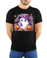 Cute Ghost Witch Hat Pumpkin Halloween Tshirt - model wearing black shirt, hands behind back