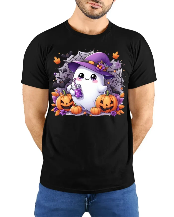 Cute Ghost Witch Hat Pumpkin Halloween Tshirt - model wearing black shirt, hands behind back