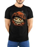 Evil Pumpkin Skull Halloween Horror Tshirt Style - model wearing black shirt, hands behind back