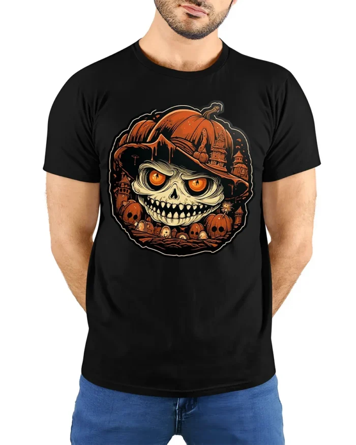 Evil Pumpkin Skull Halloween Horror Tshirt Style - model wearing black shirt, hands behind back