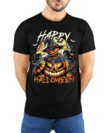 Scary Pumpkin Scarecrow Halloween Tshirt Style - model wearing black shirt, hands behind back