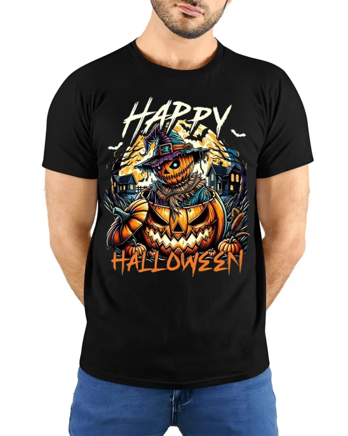 Scary Pumpkin Scarecrow Halloween Tshirt Style - model wearing black shirt, hands behind back