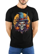 Halloween Skull Witch Hat Pumpkin Tshirt Style - model wearing black shirt, hands behind back