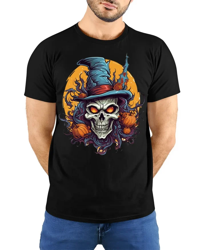 Halloween Skull Witch Hat Pumpkin Tshirt Style - model wearing black shirt, hands behind back