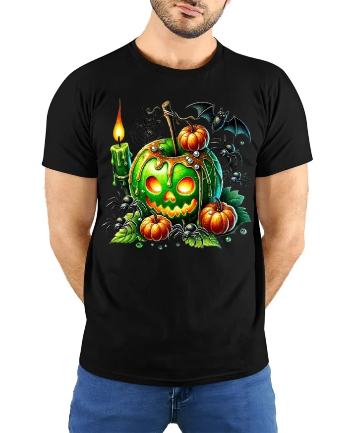Green Pumpkin Candle Halloween Horror Tshirt Style - model wearing black shirt, hands behind back