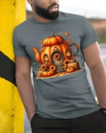 Pumpkin House Autumn Halloween Tshirt Style - model in grey shirt leaning against column