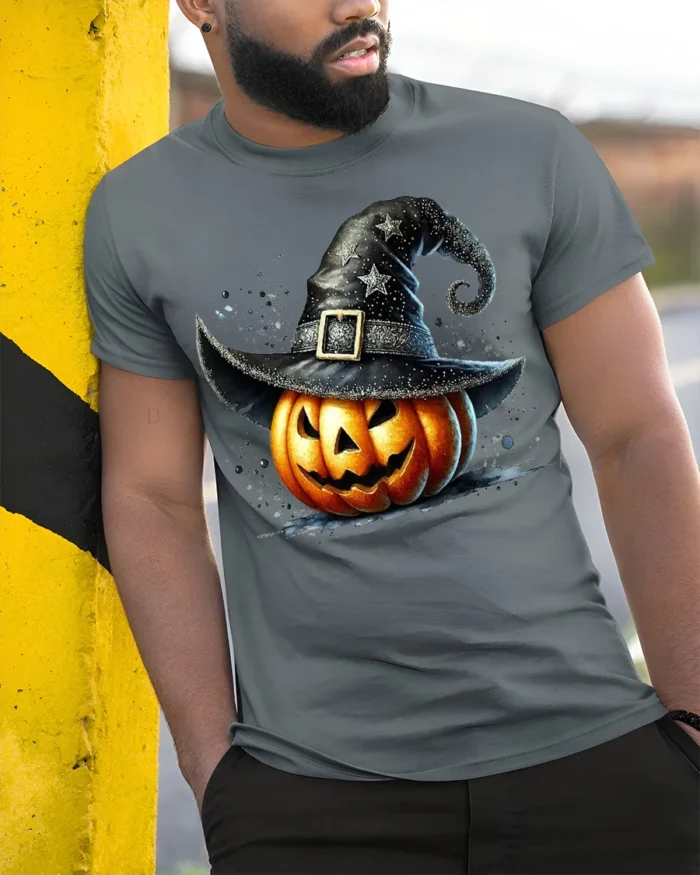 Pumpkin Witch Hat Halloween Jack O Lantern Tshirt - model in grey shirt leaning against column
