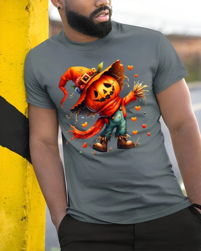 Pumpkin Scarecrow Halloween Tshirt Cute Spooky Style - model in grey shirt leaning against column